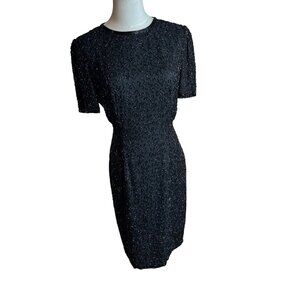 Vintage A.J. Bari Black Beaded Silk Cocktail Dress Size 4 – Short Sleeve Bodycon